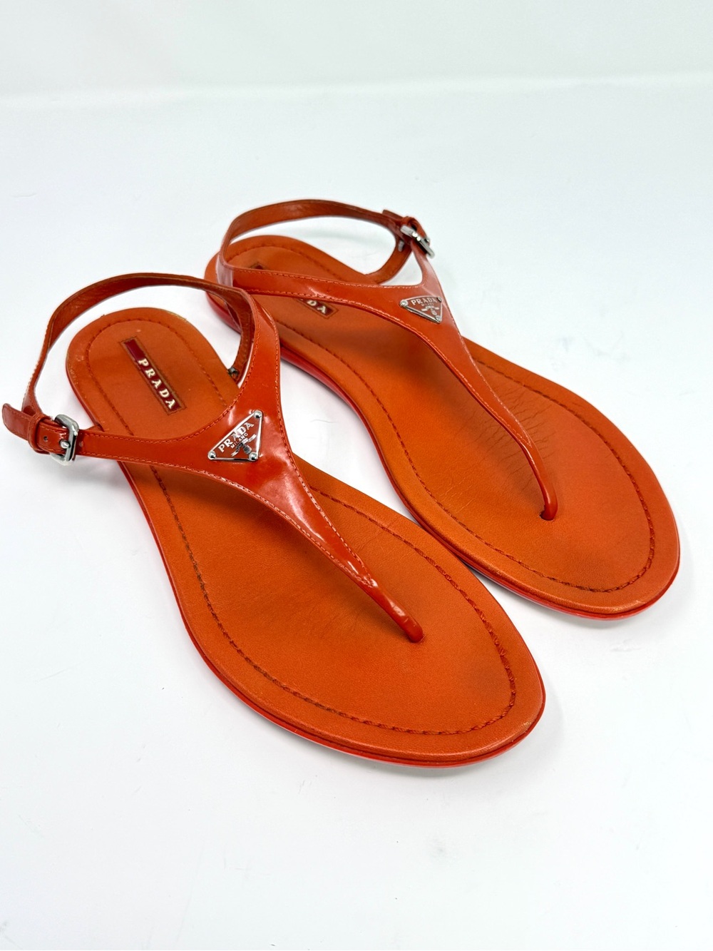 PRADA Triangle Logo Patent Leather Thong Sandals Arancio Orange-Red Size 41 US10 - Picture 8 of 16